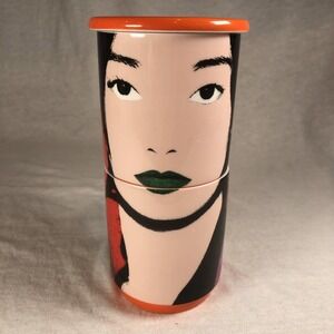 Shanghai Tang Stacking Mugs With Lid Orange Female Face Green Lipstick Abstract